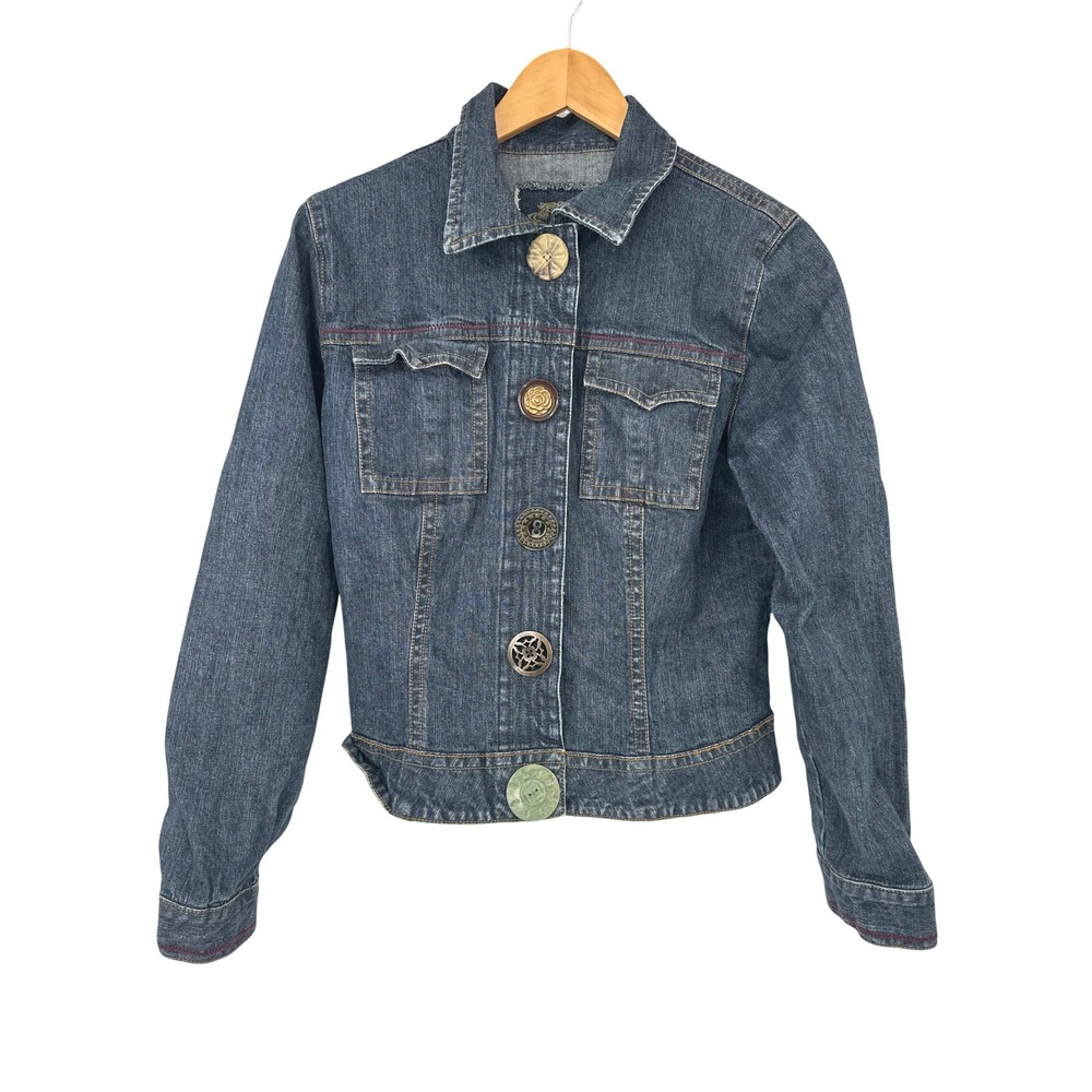 Cabi Denim Jacket Women M Blue Ornate Mixed Button Snap Front Boho Dark Wash 390